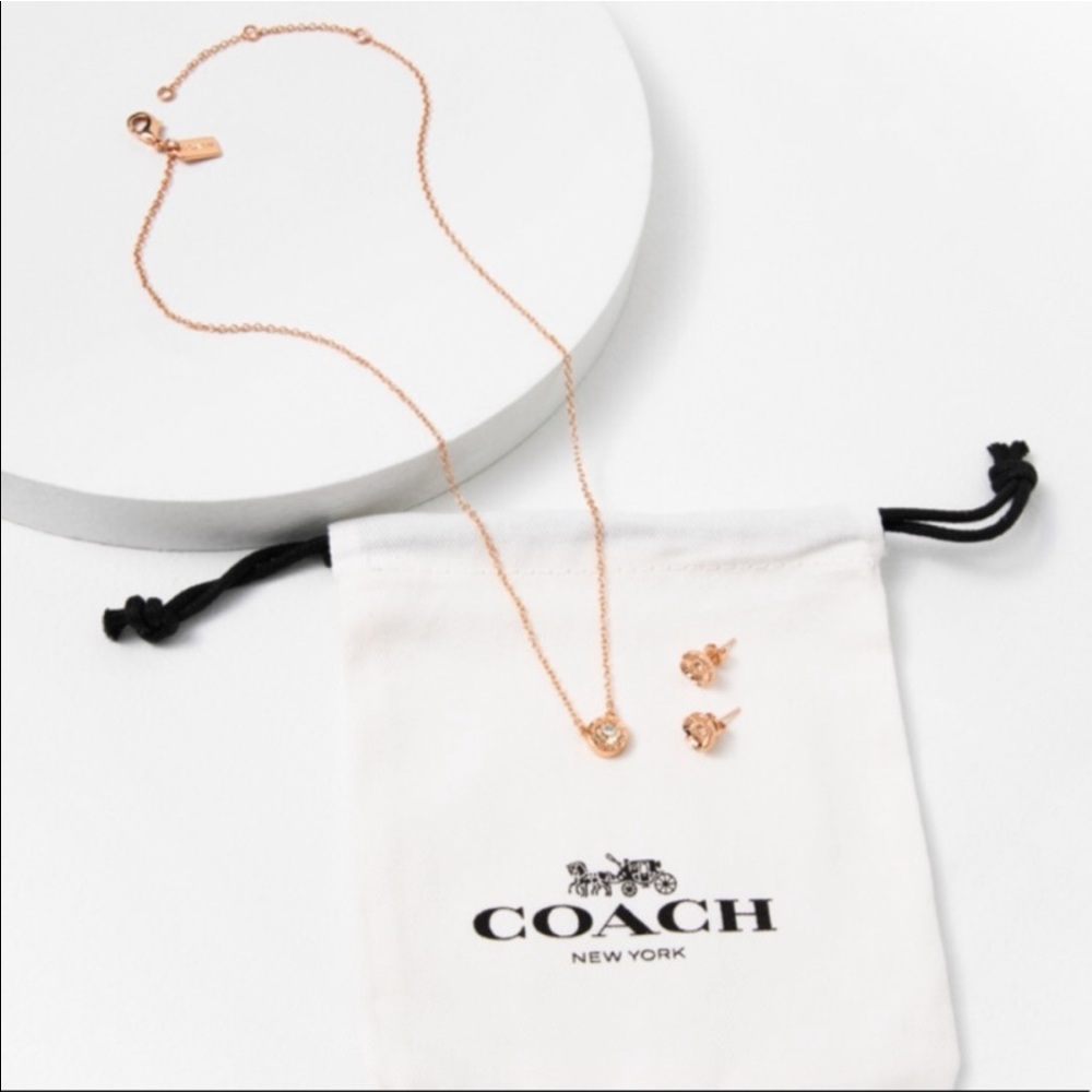 COACH Round Circle Necklace and Tea Rose Stud Earrings Set - Picture 5 of 14